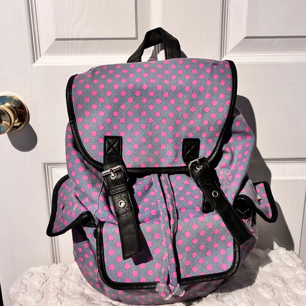 Candies Pink Polka Dot Canvas Backpack with Black Faux Leather Trim Straps